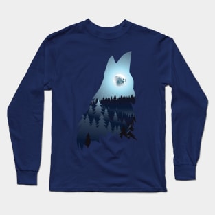 Wolf Howling with Forest blue moon Long Sleeve T-Shirt